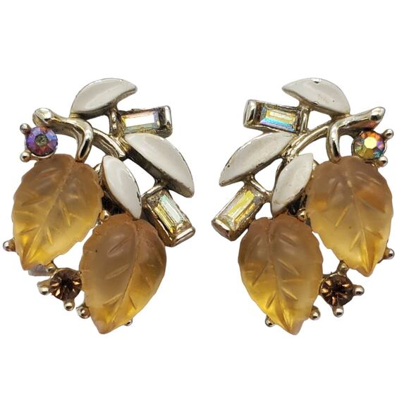 Lisner Gold Lucite Leaf Earrings Screw Back AB Rhinestone Leaves Enamel Vintage - Picture 1 of 9